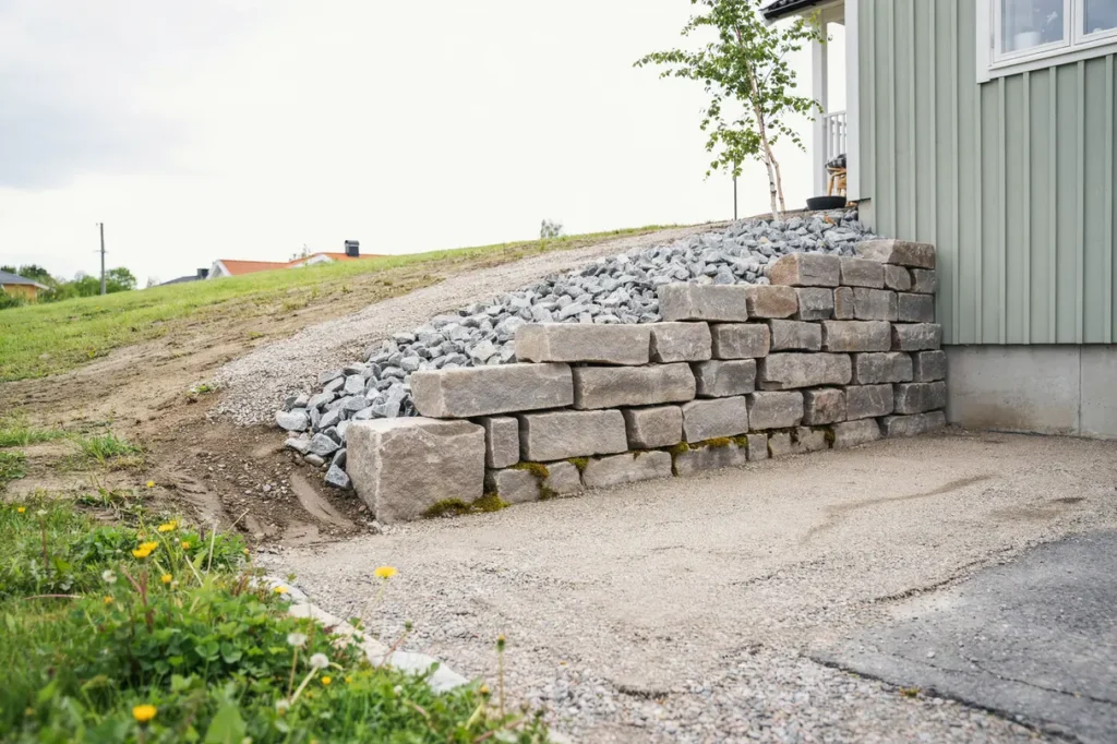 planera p plats i sluttning med mur och stenfyllning
